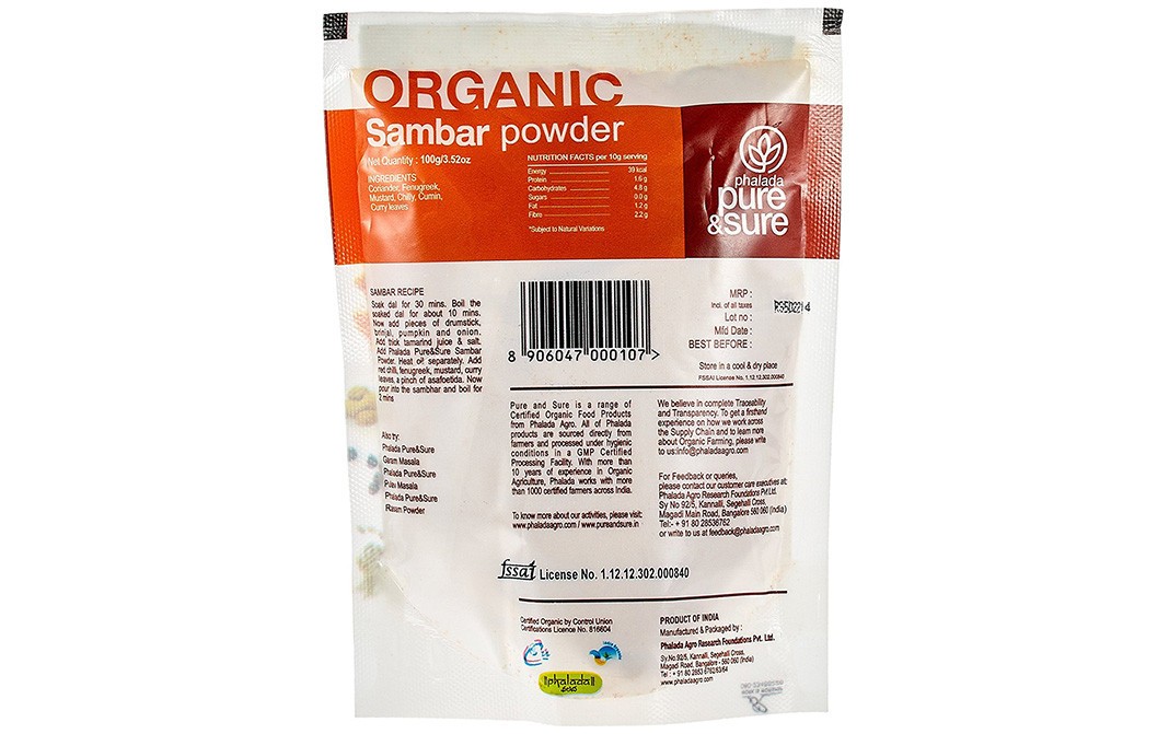 Pure & Sure Organic Sambar Powder    Pack  100 grams